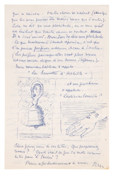 View full screen - View 1 of Lot 109. Lettre illustrée à Suzi Gablik. 1963. Belle lettre sur le sujet en peinture, illustrée 2 dessins originaux.