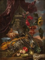 Still life with a violin, a recorder, a gilt nautilus cup, a silver ewer, a silver charger and other precious objects, in a garden landscape with cucumbers, peaches and other fruit