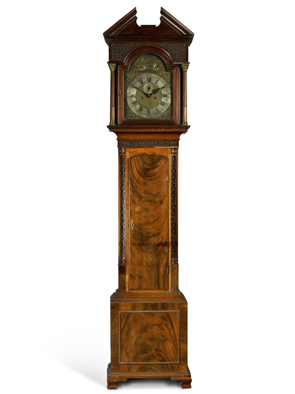 View full screen - View 1 of Lot 50. AN IRISH GEORGE III MAHOGANY AND CHINOISERIE CARVED FRETWORK LONGCASE CLOCK, JAMES AIKIN, CORK, CIRCA 1780.