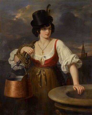 View full screen - View 1 of Lot 225. A Venetian water carrier at a well, the Campanile di San Marco beyond.