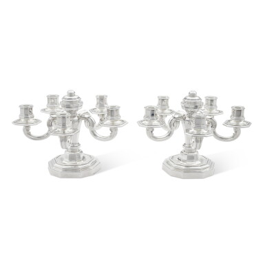 View full screen - View 1 of Lot 323. A Pair of French Silver Five-Light Art Deco Candelabra, Henry & Fils, Paris, Retailed by Boin Taburet, Circa 1920-30.