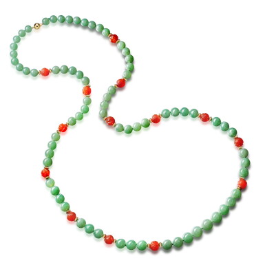View full screen - View 1 of Lot 667. Jadeite and Carnelian Bead Necklace | 天然翡翠珠 配 紅玉髓 項鏈.