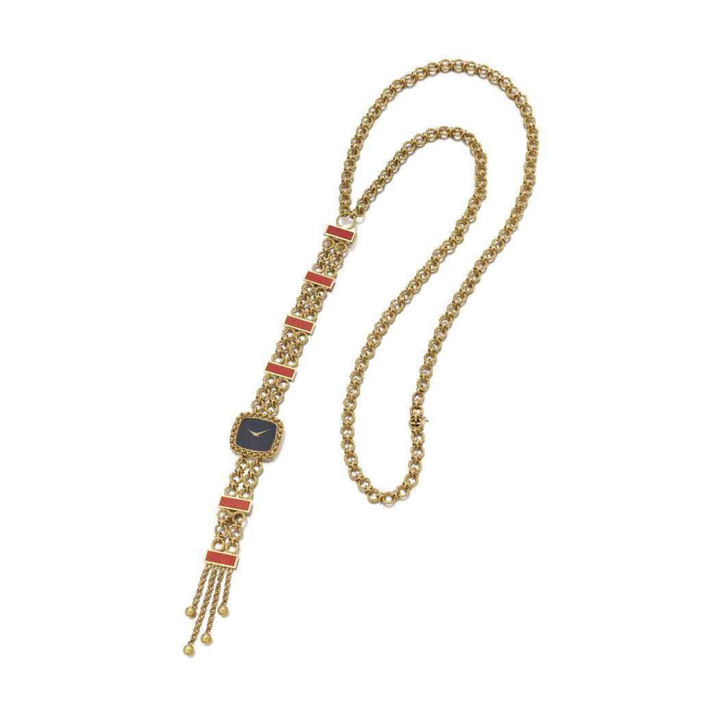 View full screen - View 1 of Lot 189. Reference 9571 | A yellow gold and coral pendant watch | Circa 1970.