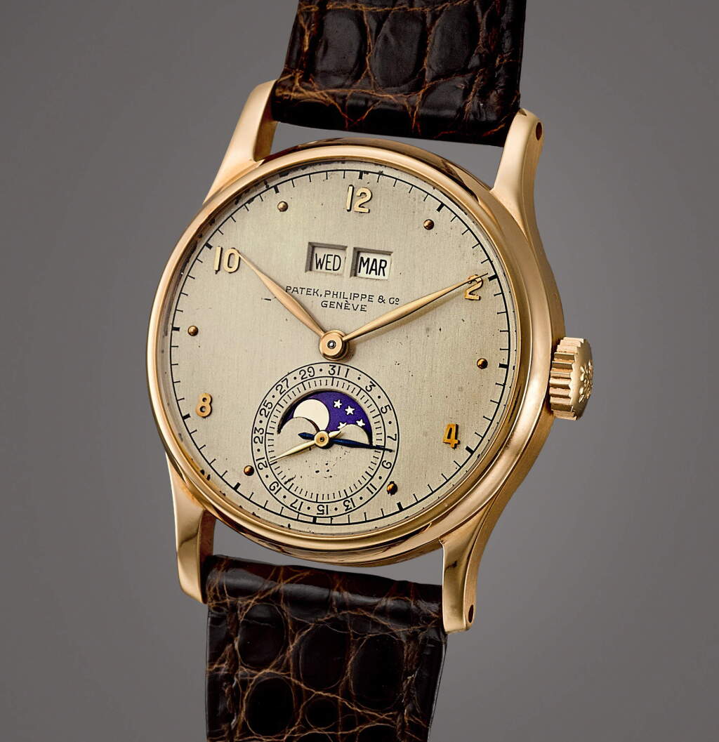 View full screen - View 1 of Lot 2014. Reference 1526 | A pink gold perpetual calendar wristwatch with moon phases, Circa 1947 | 百達翡麗 | 型號1526 | 粉紅金萬年曆腕錶,備月相顯示,約1947年製 .