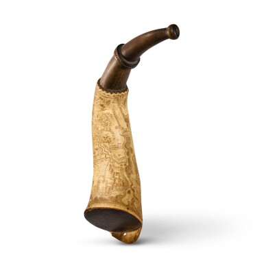 View full screen - View 1 of Lot 495. Extremely Fine and Rare Captain Peter Bachop's Engraved Map Powder Horn, New York, Dated June 11, 1765.