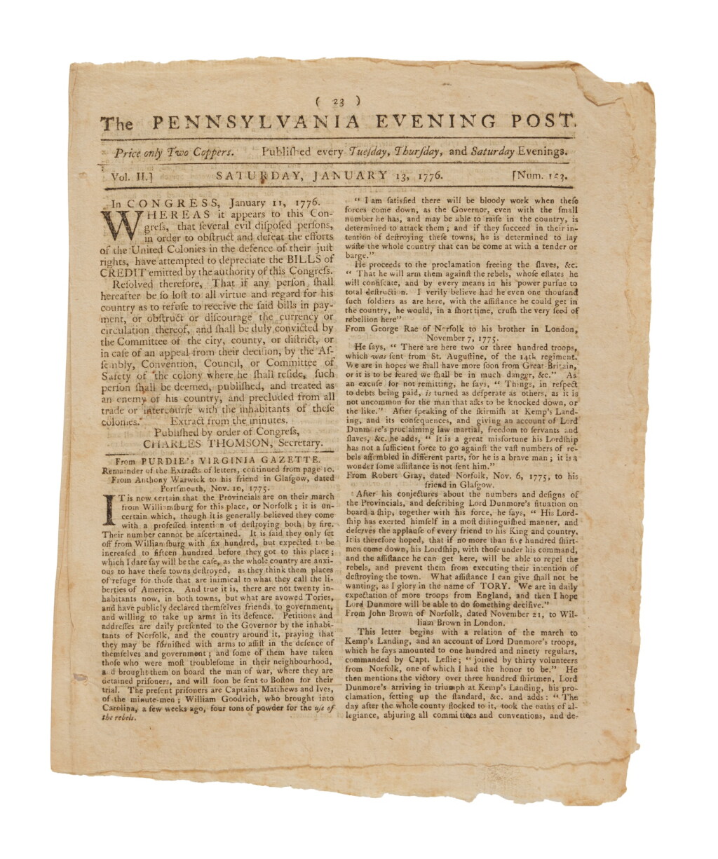 View full screen - View 1 of Lot 1059. The Pennsylvania Evening Post | A selection of 1776 issues published during the run-up to independence.
