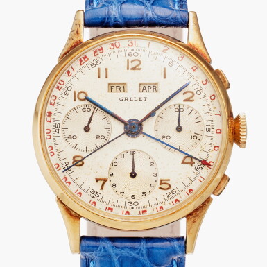 View full screen - View 1 of Lot 675. Multichron Calendar Chronograph | A yellow gold triple calendar chronograph wristwatch, Circa 1960.