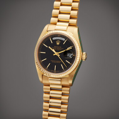 View full screen - View 1 of Lot 81. Reference 18038 Day-Date | A yellow gold automatic wristwatch with day, date and bracelet, Circa 1980 | 勞力士 型號 18038 Day-Date 黃金自動上鏈鍊帶腕錶備星期及日期顯示,製作年份約 1980.