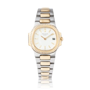 View full screen - View 1 of Lot 1033. A Patek Philippe Nautilus Ladies gold and steel wristwatch with diamonds, ref. 4700.