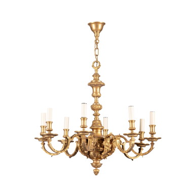 View full screen - View 1 of Lot 19. A pair of Louis XIV style gilt-bronze eight-light chandeliers, early 20th century | Paire de lustres en bronze doré de style Louis XVI, début du XXe siècle.