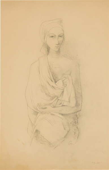 View full screen - View 1 of Lot 46. Mädchen mit Kopftuch und faltigem Umhang (Girl with Headscarf and Wrinkled Cape).
