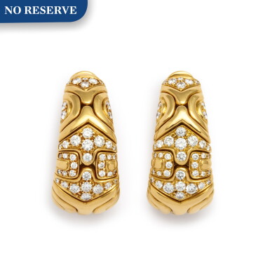 View full screen - View 1 of Lot 3. BULGARI | PAIR OF GOLD AND DIAMOND 'PARENTESI' EARCLIPS.