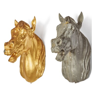 View full screen - View 1 of Lot 854. A PAIR OF CAST METAL HORSE'S HEADS, ONE GILT AND THE OTHER PATINATED.