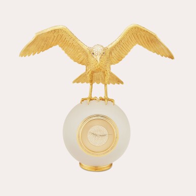 View full screen - View 1 of Lot 167. Reference 2023J | A rare yellow gold, glass, and diamond eagle form desk timepiece, Made in 1981.