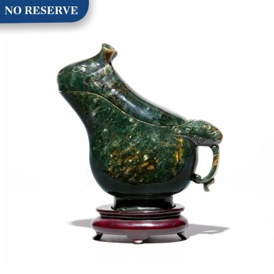 View full screen - View 1 of Lot 105. A CHINESE ARCHAISTIC SPINACH-GREEN JADE GUANG-FORM LIBATION CUP AND COVER, 20TH CENTURY.
