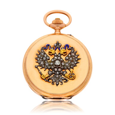 View full screen - View 1 of Lot 209. A gold and diamond-set hunting cased presentation watch made for the Russian market with imperial arms Circa 1900, no. 366251 .