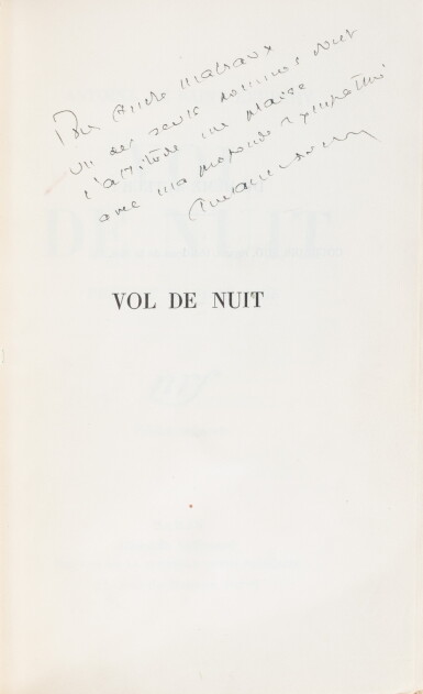 View full screen - View 1 of Lot 159. Vol de Nuit. 1931. EO. Ex. sur Lafuma, avec envoi à André Malraux. Rel. veau brun orné..