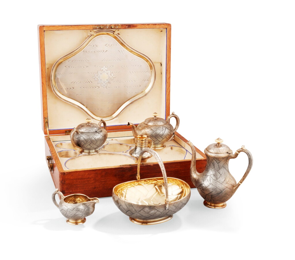 View full screen - View 1 of Lot 278. A Russian silver and parcel-gilt silver tea and coffee set, Gustav Alexander Sohlman, Saint Petersburg, 1871, the tray, Aron Berg, 1872, the milk jug marked Moscow, 1866 | Service à thé et à café en argent et vermeil par Gustav Alexander Sohlman, Saint Petersbourg, 1871, le plateau par Aron Berg, 1872, le pot à lait, poinçonné Moscou, 1866.