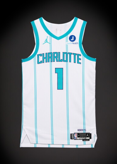 View full screen - View 1 of Lot 17. LaMelo Ball Charlotte Hornets 2025-2026 Emirates NBA Cup Game Worn Association Edition Jersey | 5,000th Career Point | Double-Double.