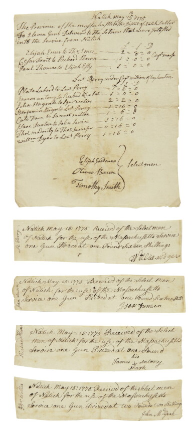 View full screen - View 1 of Lot 5. (AMERICAN REVOLUTION) | Five manuscript documents signed by some of the first African-Americans to fight for the American cause, dated less than a month after Lexington and Concord, Natick, Massachusetts, 15 May 1775 .