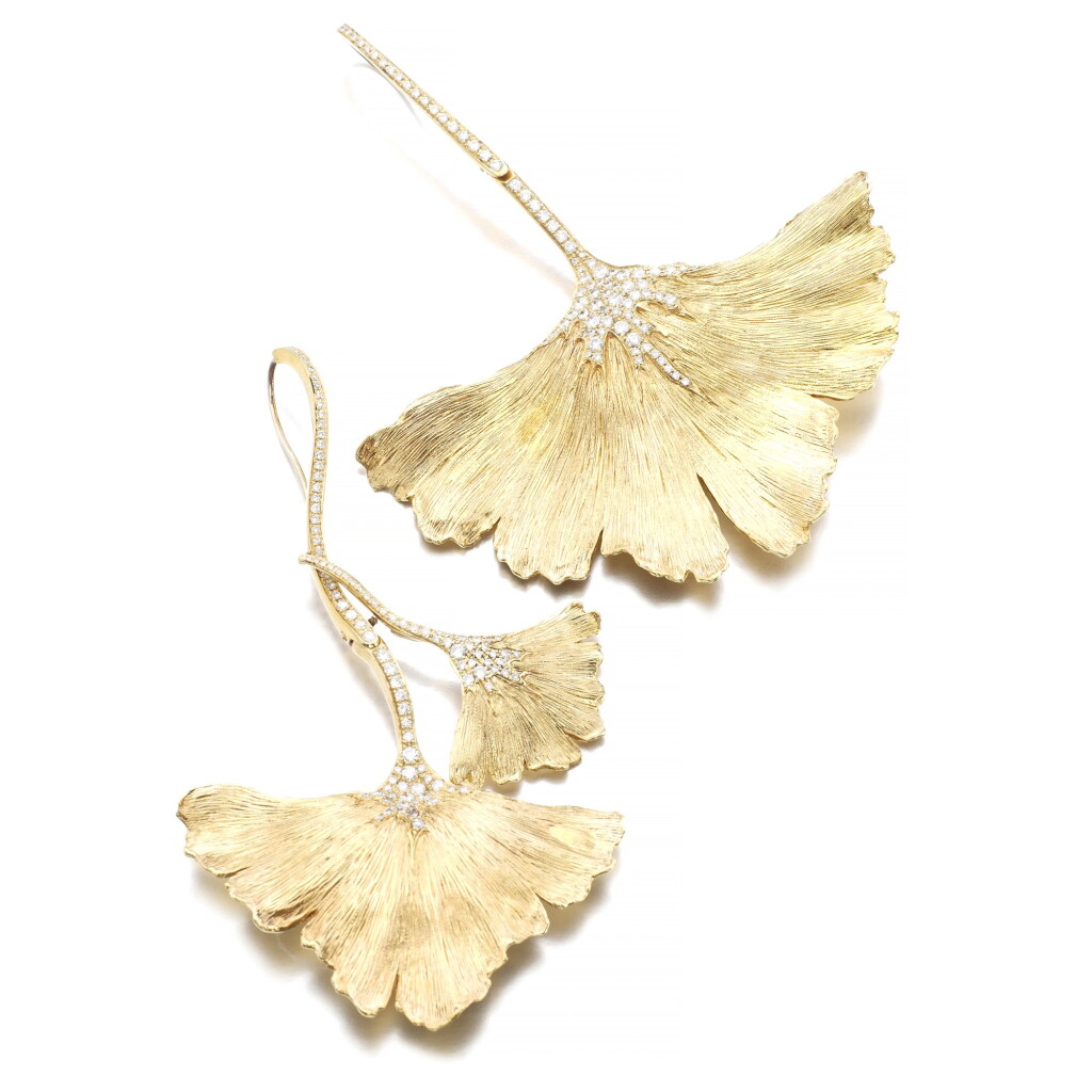 View full screen - View 1 of Lot 1154. Pair of gold and diamond earrings.