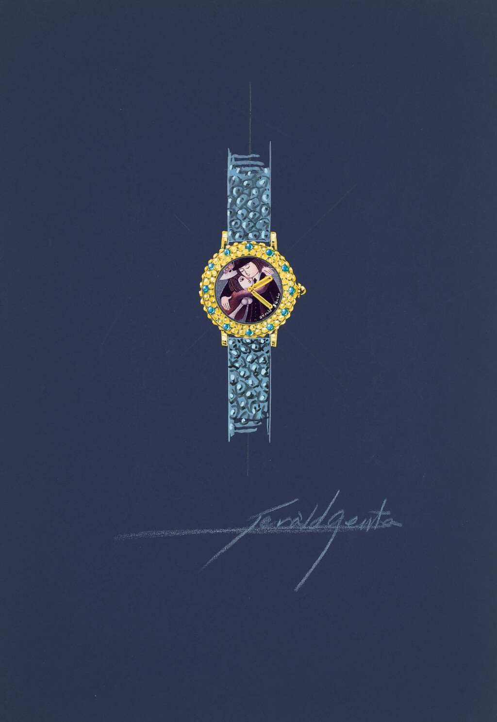 View full screen - View 1 of Lot 27. Design of a Gérald Genta wristwatch made as a special request from a Head of State after 'Les Amoureux' by Raymond Peynet with accompanying NFT Circa 1996.