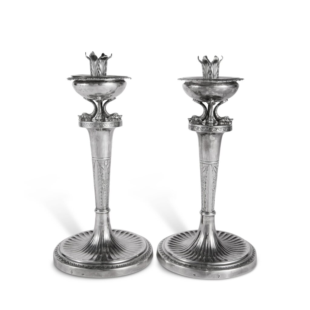 View full screen - View 1 of Lot 593. A Pair of Italian Silver Table Candlesticks, Francesco Ossani, Rome, Circa 1810.