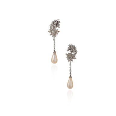 View full screen - View 1 of Lot 380. Pair of natural pearl and diamond pendent ear clips.