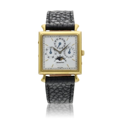 View full screen - View 1 of Lot 326. Quantieme Perpetuel A yellow gold square perpetual calendar wristwatch with moon phases, Circa 1995.