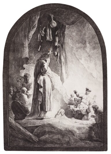 View full screen - View 1 of Lot 99. The Raising of Lazarus: The Larger Plate (B., Holl. 73; New Holl. 113; H. 96).