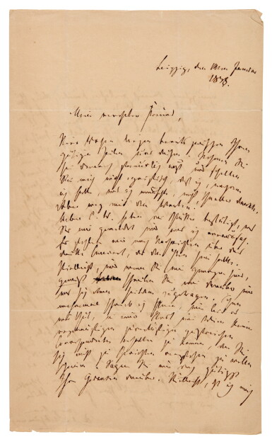 View full screen - View 1 of Lot 222. R. Schumann. Autograph letter signed, to Joseph Fischhof, 14 January 1838.