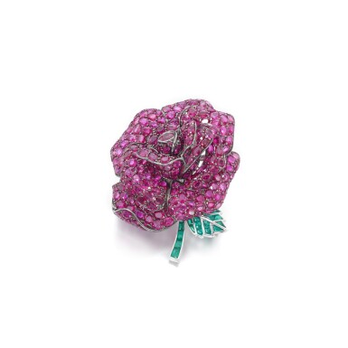 View full screen - View 1 of Lot 50. Ruby and emerald brooch.