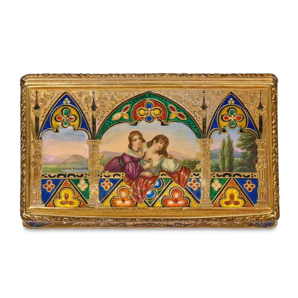 View full screen - View 1 of Lot 1090. A gold and enamel snuff box, probably Geneva, mid-nineteenth century, with Russian import marks.