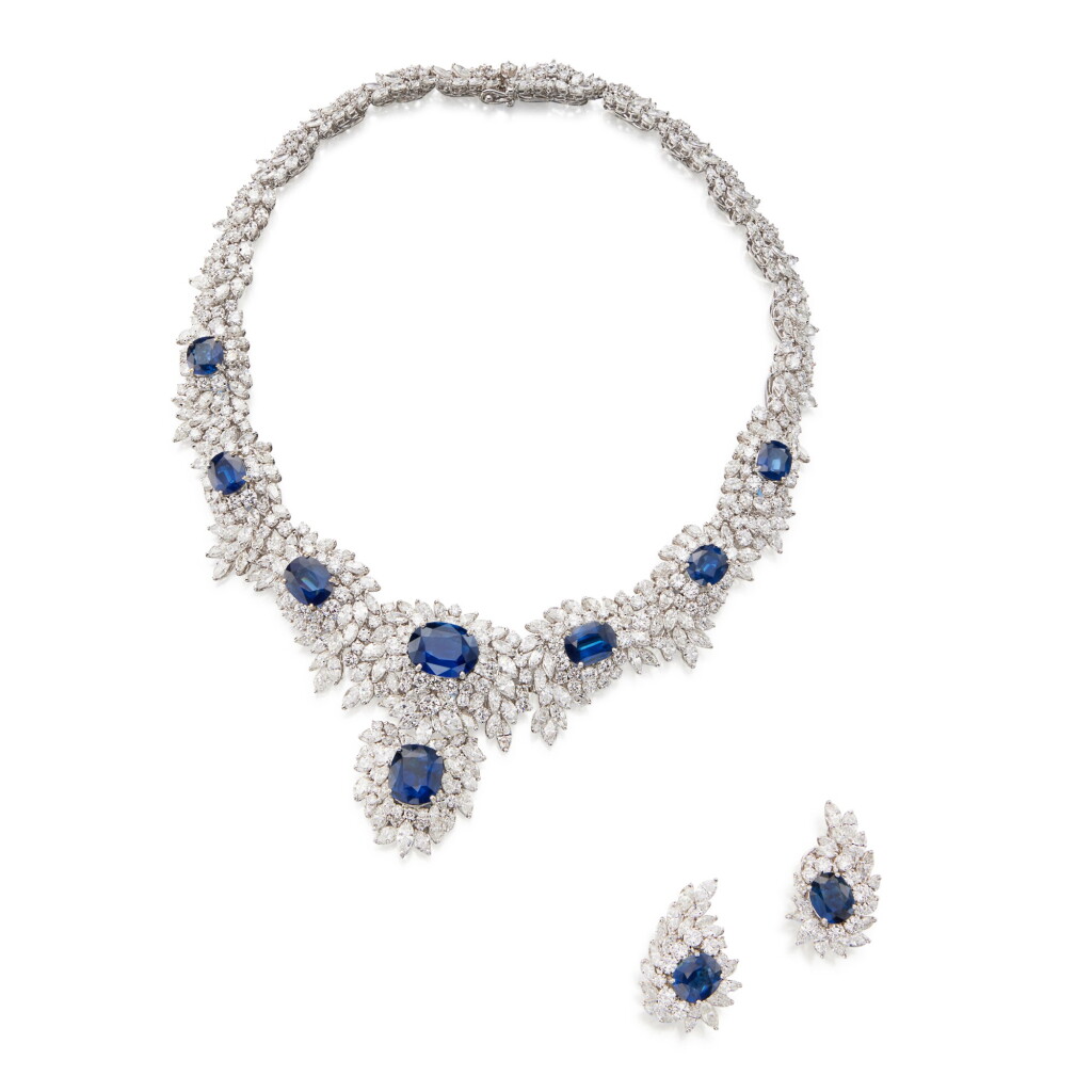 View full screen - View 1 of Lot 69. Sapphire and Diamond Pendant-Necklace and Pair of Earclips.