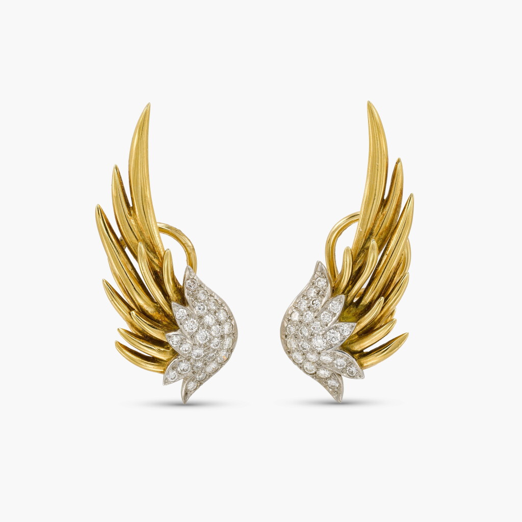 View full screen - View 1 of Lot 136. Diamond Earclips, 'Flame' .