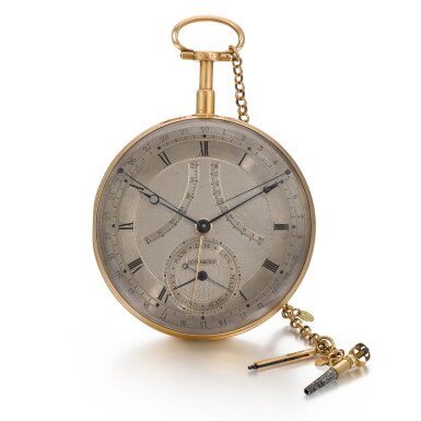 View full screen - View 1 of Lot 207. BREGUET | A RARE AND FINE GOLD SELF-WINDING MINUTE REPEATING WATCH WITH DATE, DAY OF THE WEEK, UP-AND-DOWN INDICATION AND THERMOMETER NO. 20-148 'MONTRE PERPÉTUELLE' SOLD TO LE DUC DE PRASLIN 20 DECEMBER 1791 FOR 4000 FRANCS.