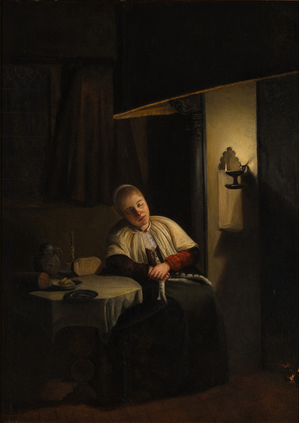 View full screen - View 1 of Lot 48. Young Woman Sleeping in a Candlelit Interior.