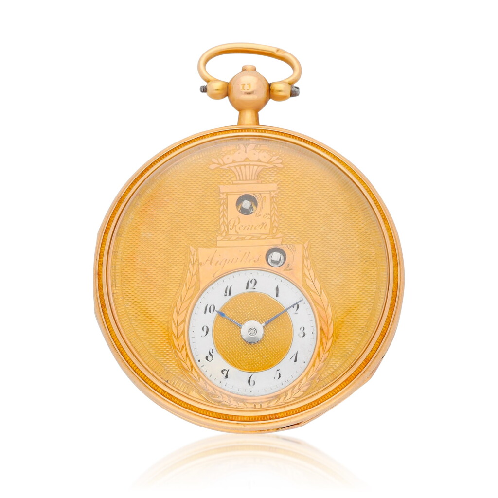 View full screen - View 1 of Lot 154. A gold open-faced virgule watch with eccentric dial Circa 1820.