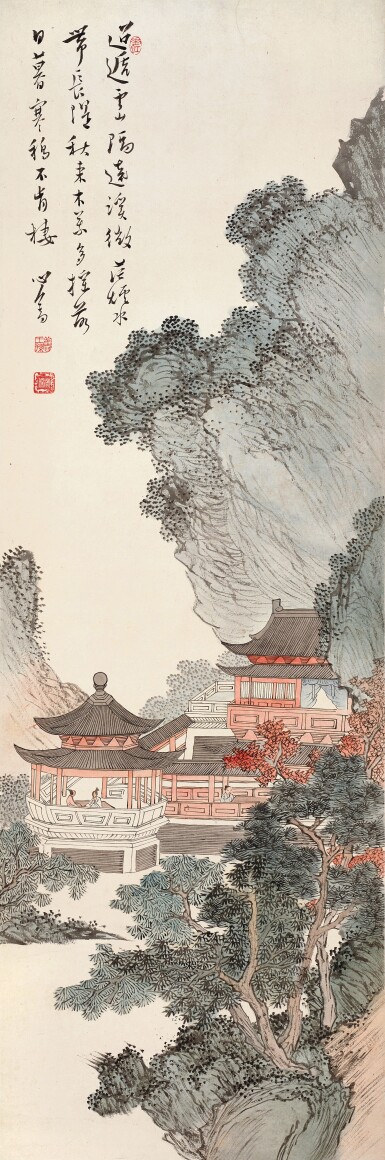 View full screen - View 1 of Lot 3120. 溥儒 秋山樓閣圖 | Pu Ru, Pavilions in Autumn Mountains.