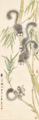 Xu Gu, Squirrels by Bamboo Grove | 虛谷 翠竹松鼠 設色紙本 立軸 一八九四年作