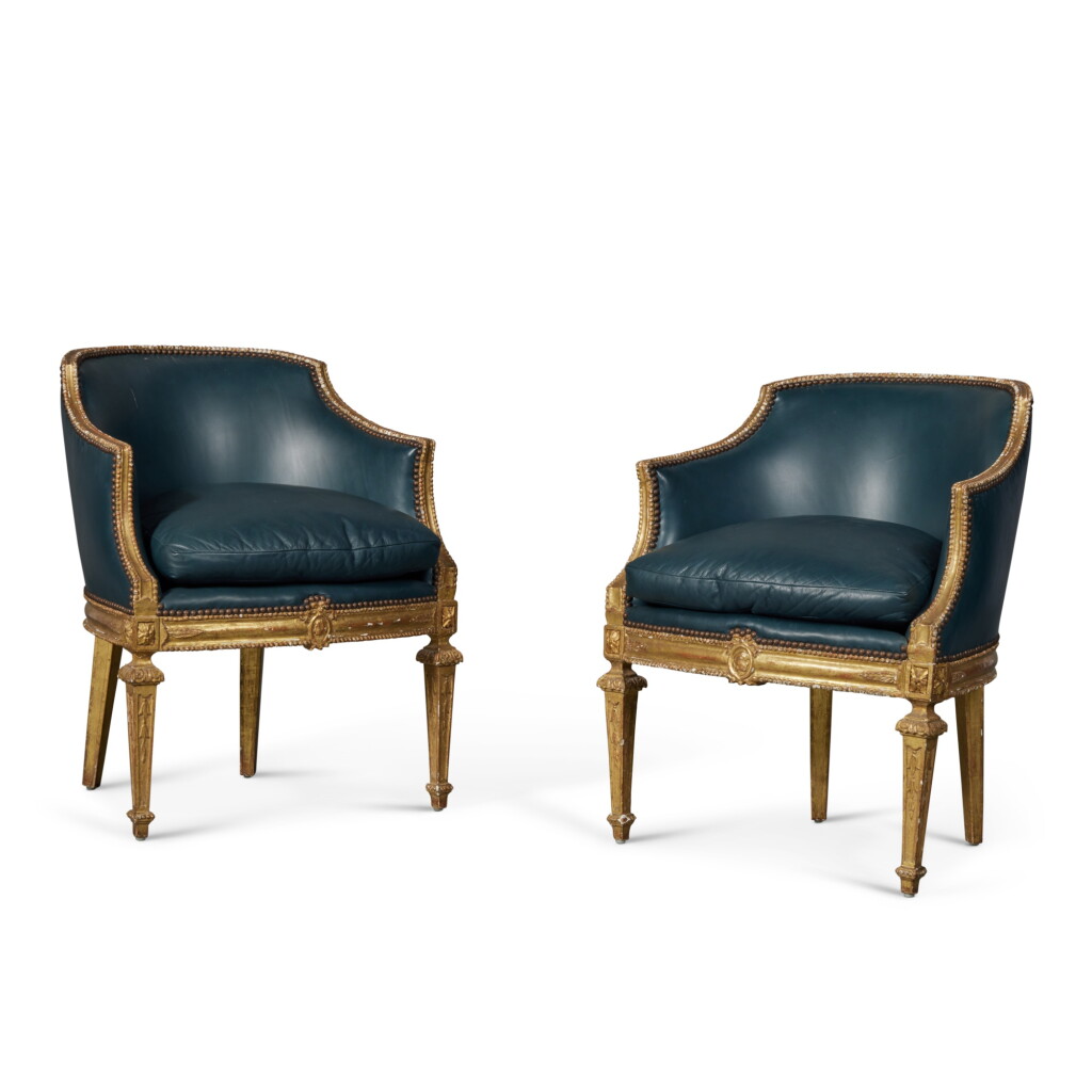 View full screen - View 1 of Lot 565. A Pair of North Italian Neoclassical Giltwood Armchairs, Late 18th Century.
