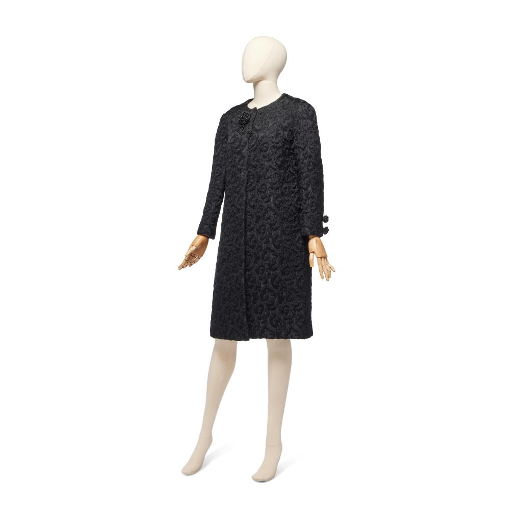 View full screen - View 1 of Lot 99. Haute Couture Black Brocatelle Evening Coat, 1960s.