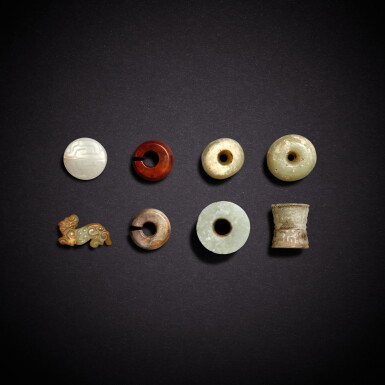 View full screen - View 1 of Lot 3457. Eight jade beads and pendants, Neolithic period - Eastern Zhou dynasty | 新石器時代至東周 玉珠及玉墜八件.