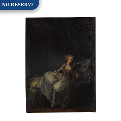 View full screen - View 1 of Lot 92. Woman reclining in an interior, reading a book.