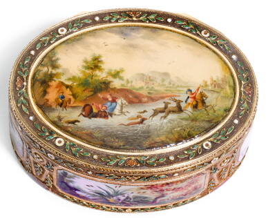 View full screen - View 1 of Lot 55. A GOLD ENAMEL AND SNUFF BOX, PROBABLY GERMAN, LATE 18TH CENTURY.
