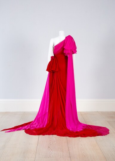 Ralph & Russo | Red and Fuchsia Pink Silk Chiffon Asymmetrically Ralph & Russo | Red and Fuchsia Pink Silk Chiffon Asymmetrically