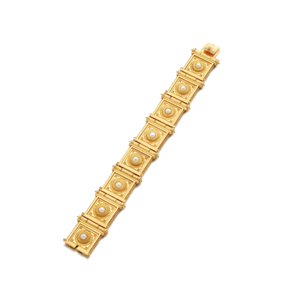 View full screen - View 1 of Lot 724. Gold and pearl bracelet, circa 1870.