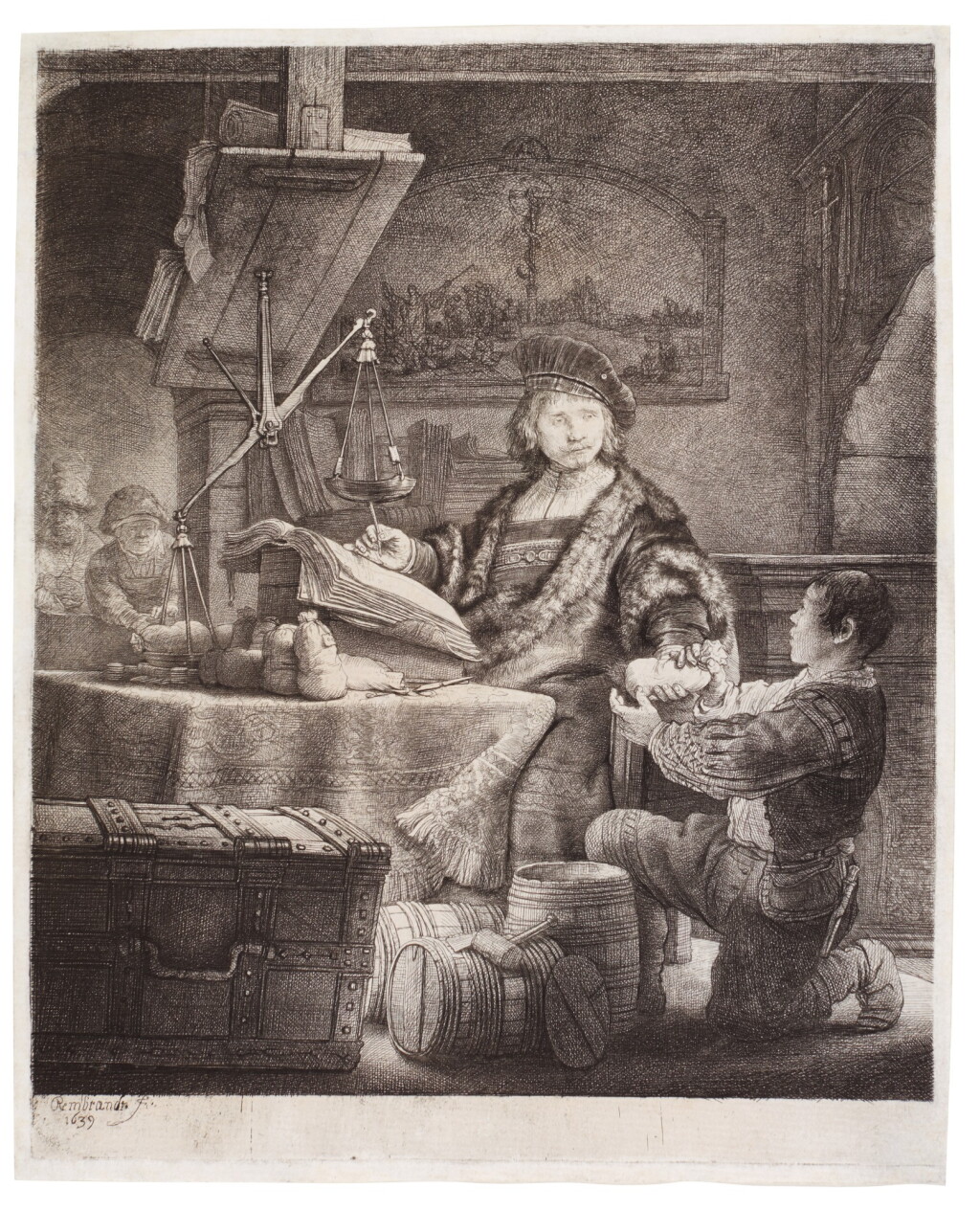 View full screen - View 1 of Lot 88. Jan Uytenbogaert, 'The Goldweigher' (B., Holl. 281; New Holl. 172; H. 167).