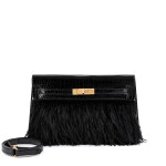 Limited Edition Black Shiny Porosus Crocodile and Ostrich Feather Kelly Elan Gold Hardware, 2023
