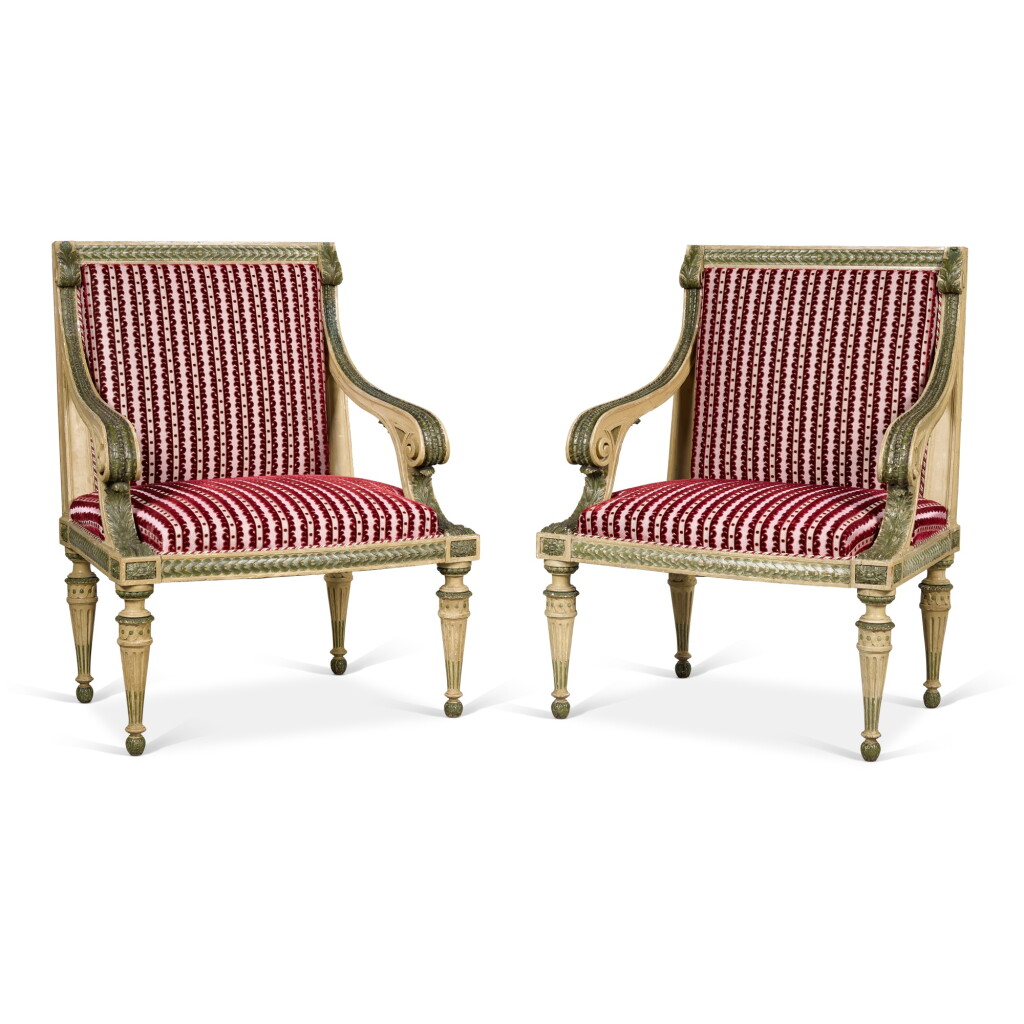 View full screen - View 1 of Lot 92. A pair of North Italian green and white painted armchairs, Milan, late 18th century.
